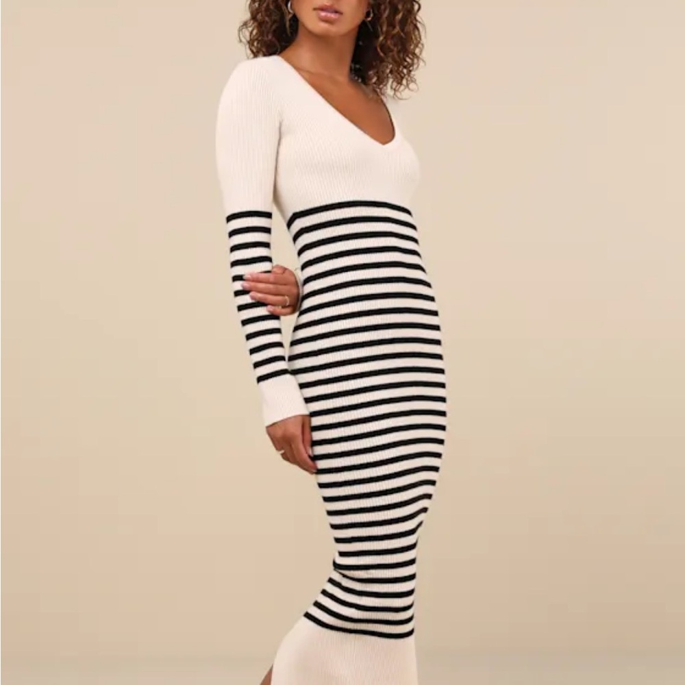Lulus Upgraded Comfort Cream and Black Striped Midi Sweater Dress